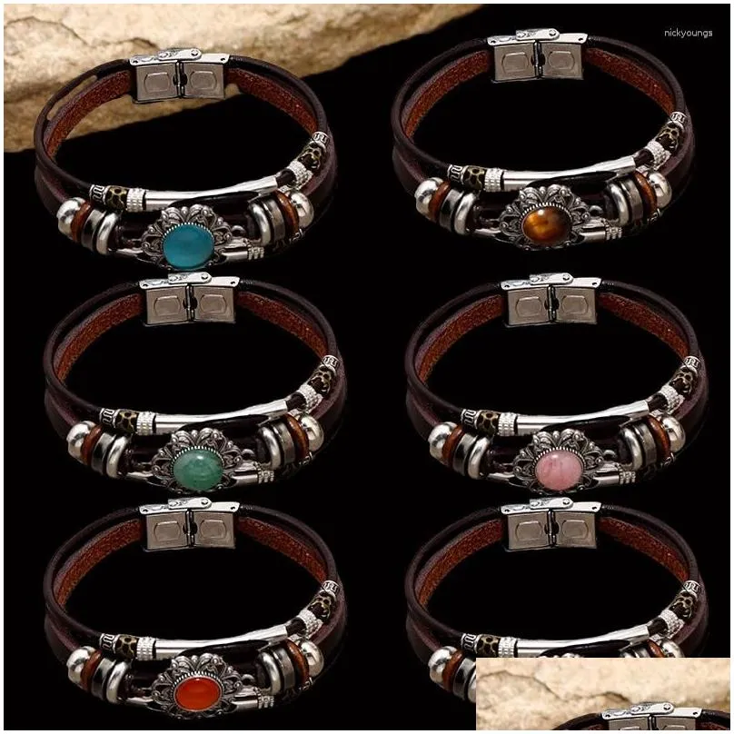 Strand 2Pcs Leather Natural Stone Weave Bracelet For Men Agate Tiger Eye Turquoise Beaded Stainless Steel Bracelets Vintage Jewelry