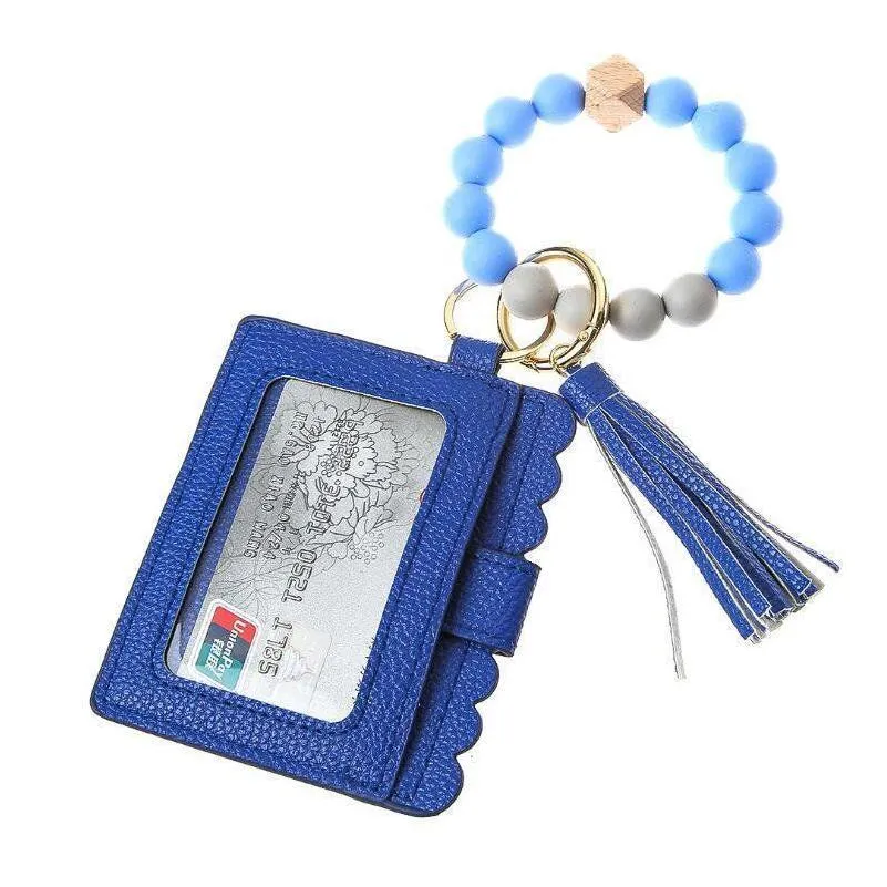 us stock pu leather bracelet wallet keychain party favor tassels bangle key ring holder card bag silicone beaded wristlet keychains