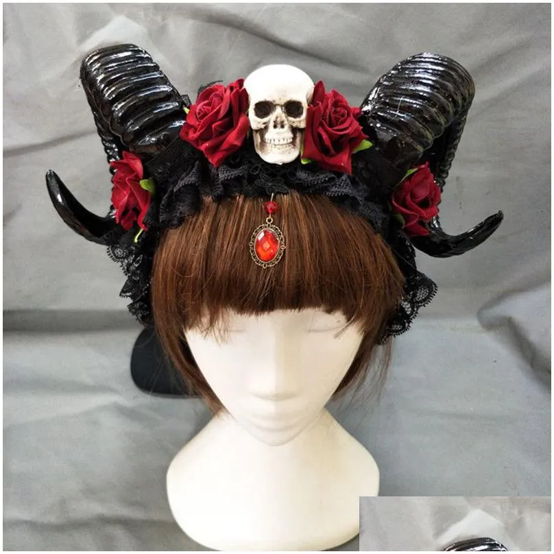 headwear hair accessories cosplay gothic demon horns headbands halloween skull accessory devil floral headpiece fancy dress 230313
