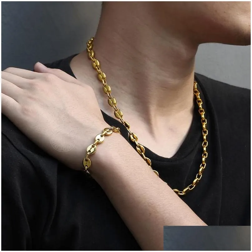 Earrings & Necklace Stainless Steel Coffee Beans Bracelet Set For Men Women 7/9/11mm Gold Color Marina Link Chain Jewelry Sets LKS252