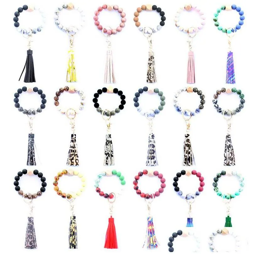 36 colors food grade acrylic beads tassels bracelet keychain wooden bead bracelets key ring pu tassel anti-lose keyring