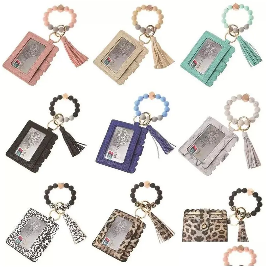 us stock pu leather bracelet wallet keychain party favor tassels bangle key ring holder card bag silicone beaded wristlet keychains