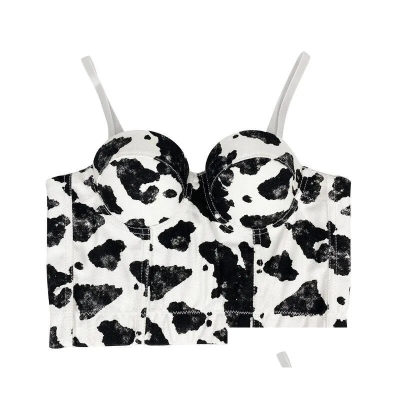 accessories french simple off-the-shoulder vest cow print back buckle sexy women`s suspender vest denim bra for women and girl