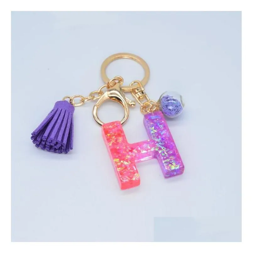 fashion resin flash pink 26 letter keychains clash color mosaic tassel pendant purple glue english word keychain