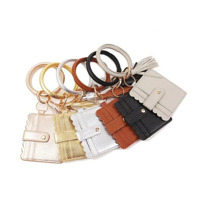 40 styles pu leather leopard tassel bracelet keychain bags id card bag pu leathers bangle wallets keyring wristlet handbag for woman