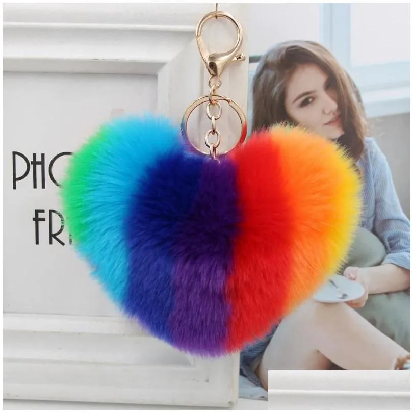 Keychains Simulation Fur Heart Pom-Pom Keychain Love Fuzzy Bag Purse Charm Ring Fluffy Ball Lovely Valentines Key Chain Fob Fashion