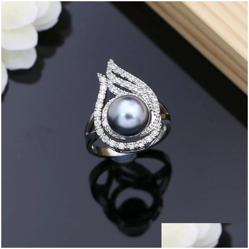 gray pearl bridal jewelry sets drop earrings with cz stone 925 silver women ring necklace set