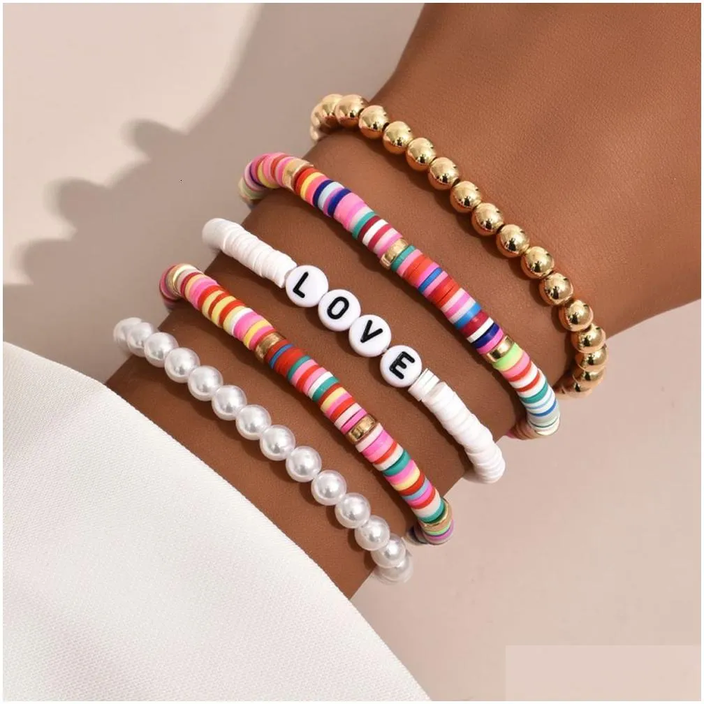 charm bracelets colorful stackable love letter for women soft clay pottery layering friendship beads chain bangle boho jewelry gift