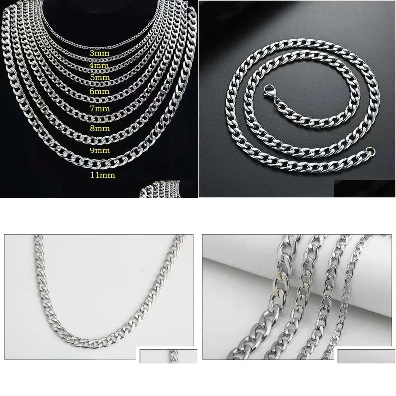 Stainless Steel Cuban Chain Necklace for Men Women Hip Hop Silver Thick Chain Necklaces Curb Link Chain Necklace Trend Jewelry 3MM 5MM 7MM