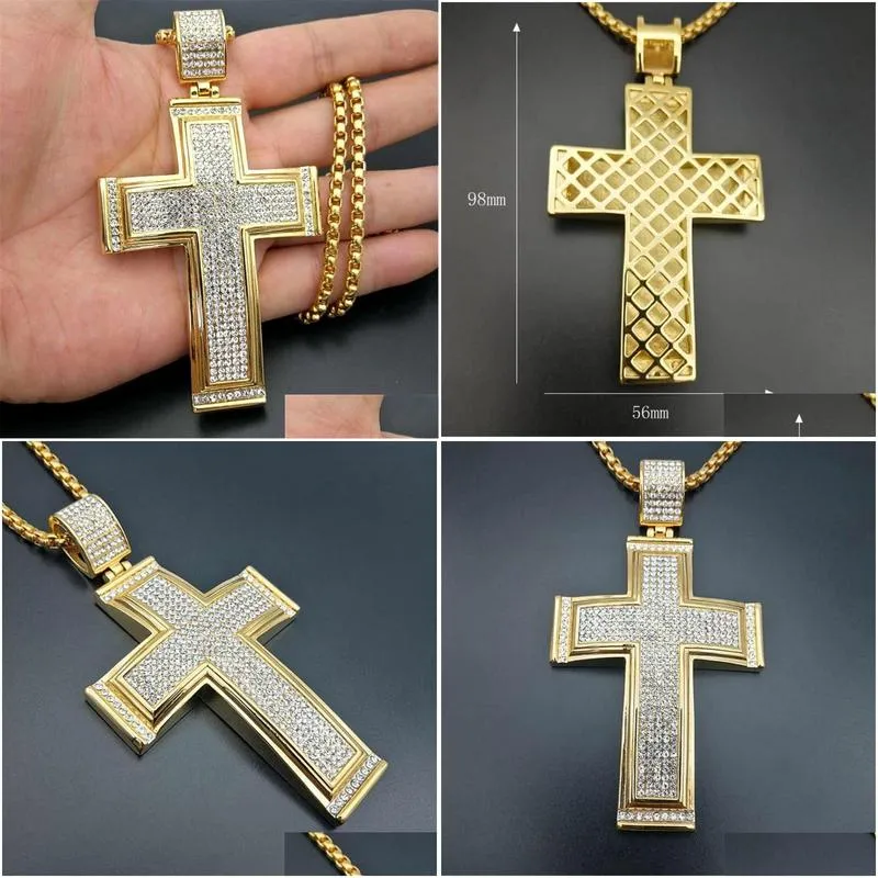 Pendant Necklaces Hip Hop Iced Out Big Cross Necklace For Men Gold Color Stainless Steel Rhinestone Hiphop Christian JewelryPendant