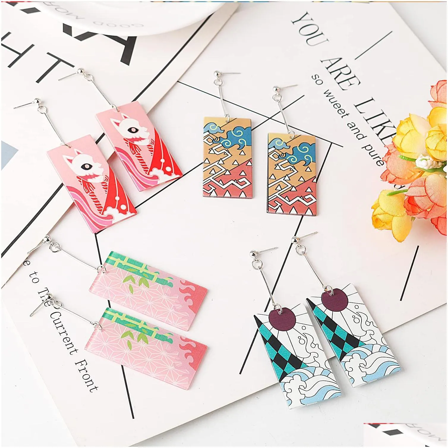 16 pairs tanjiro earrings anime demon slayer earrings for women men girls double-sided acrylic hanafuda