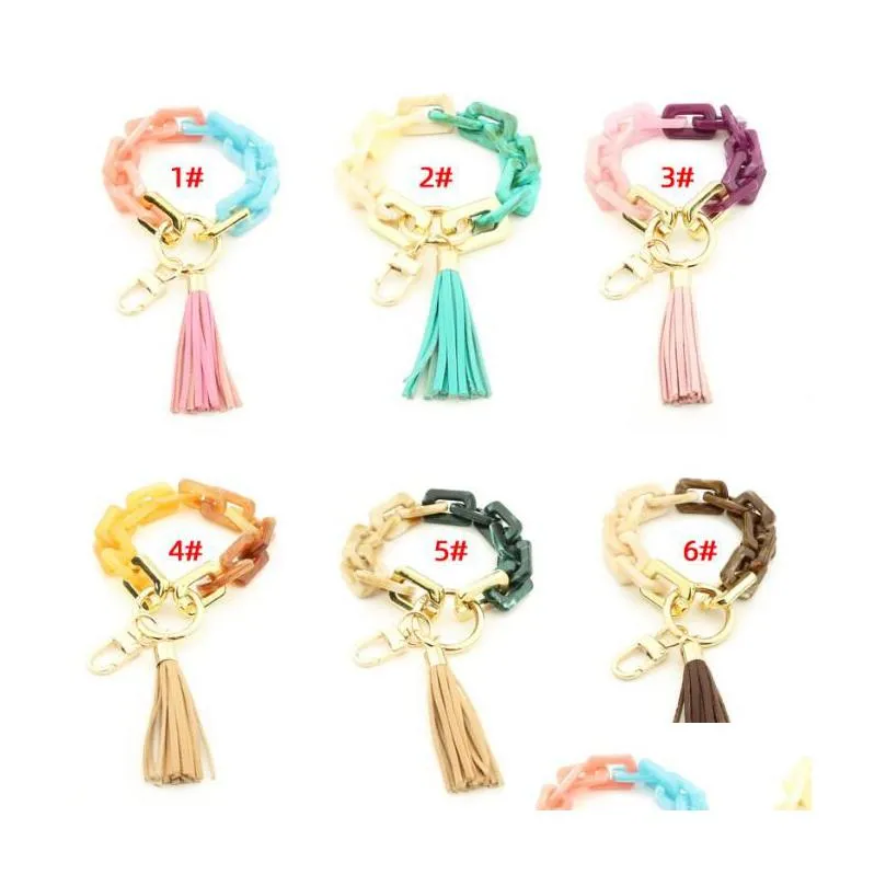 6 colors acrylic buttons bracelet tassel keychain personalized tassel pendant key ring female hand string bracelets fashion