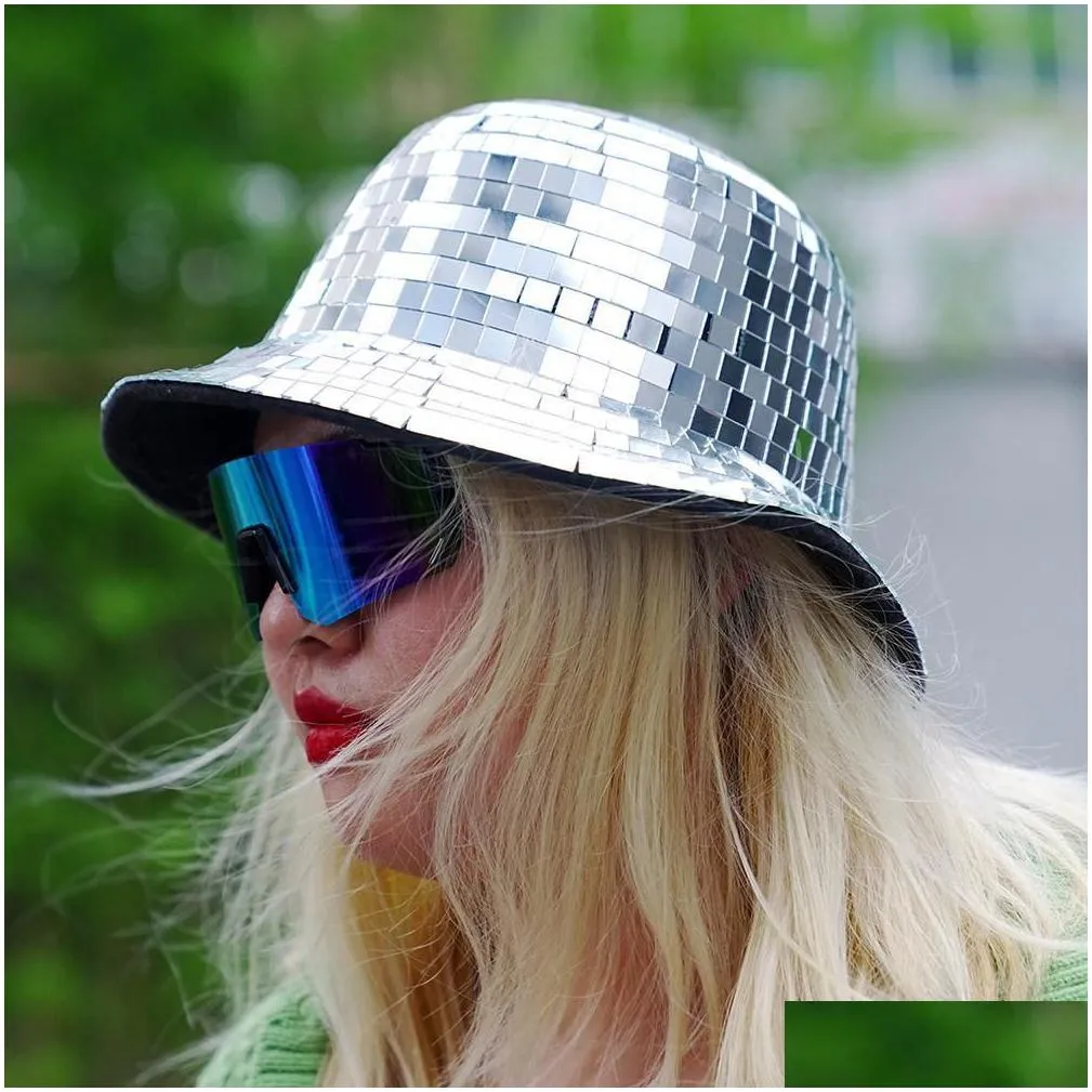 wide brim hats bucket glitter mirror disco full sequin ball for dj club bar unisex festival visor beach fisherman 221119