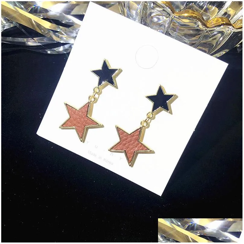 5 colours star pendant charm earrings leather face color cut up and down double-deck holiday gifts are simple and elegant