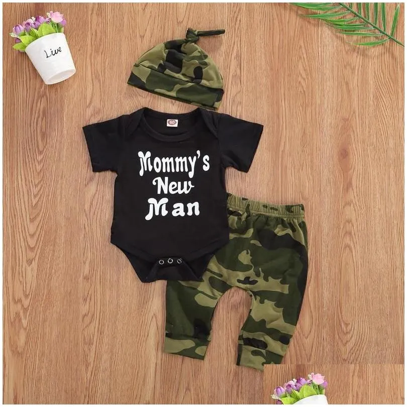 0-12M Toddler Baby Boy Summer Outfits Clothes Casual Letter Bodysuit+Camo Pants+Hat 3Pcs Newborn Baby Boy Cotton Sets1