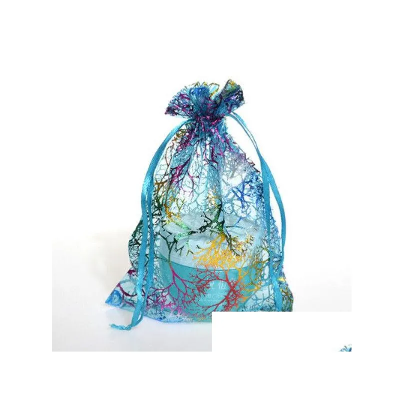coralline organza drawstring jewelry packaging pouches storage bags party candy wedding favor gift bag design sheer with gilding pattern