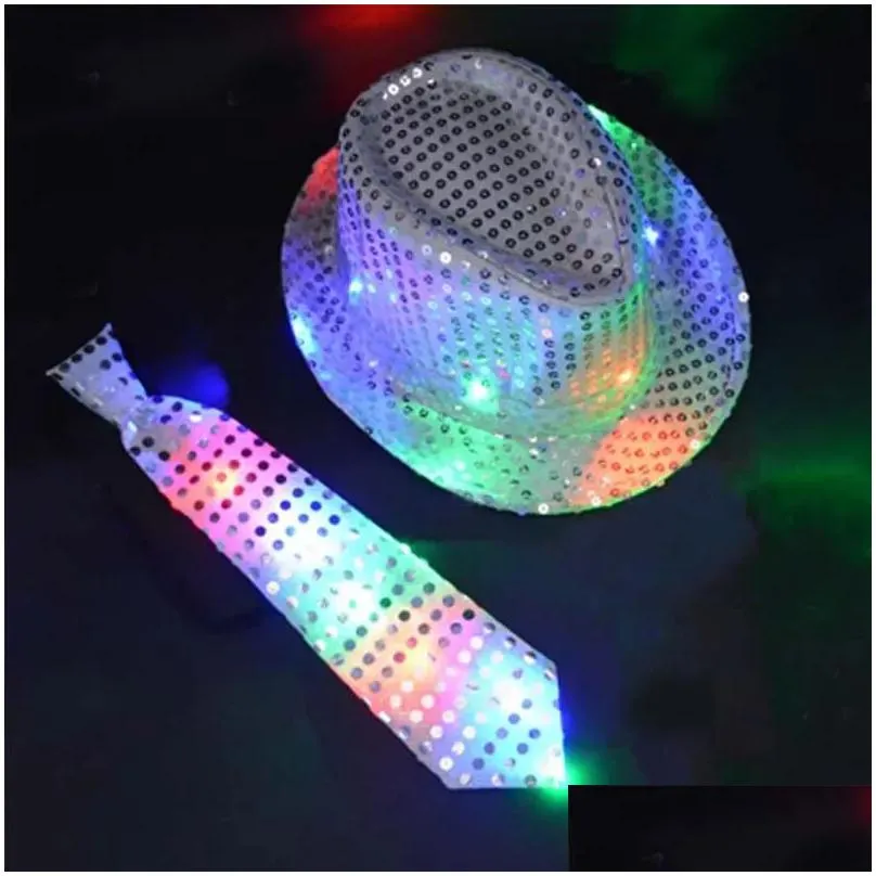 fashion kids adult led light up tie sequin jazz fedora hat flashing neon party gifts costume cap birthday wedding carnival