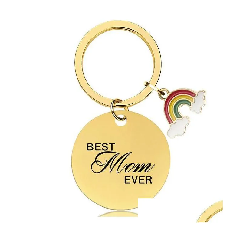 18 styles mother`s day rainbow round keychain gift gold stainless steel round metal key chain with lettering for mama holiday gifts