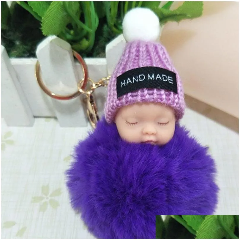 Sleeping Baby Doll Keychain Pom-pom Rabbit Fur Ball Keyring Women Key Holder Bag hangs Fashion jewelry