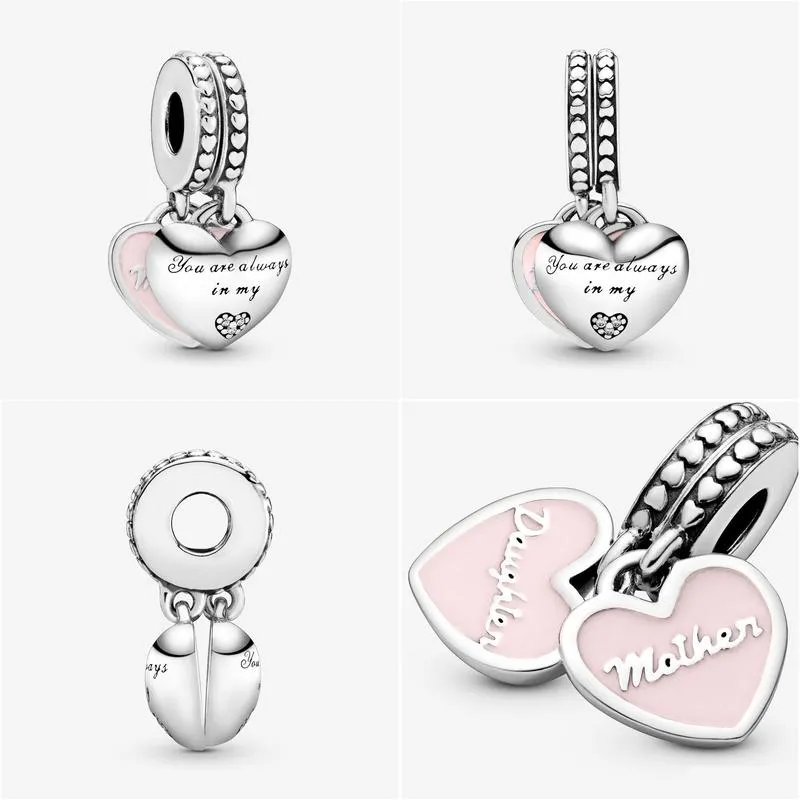 100% 925 sterling silver mother daughter hearts dangle charms fit original european charm bracelet fashion women wedding engagement jewelry