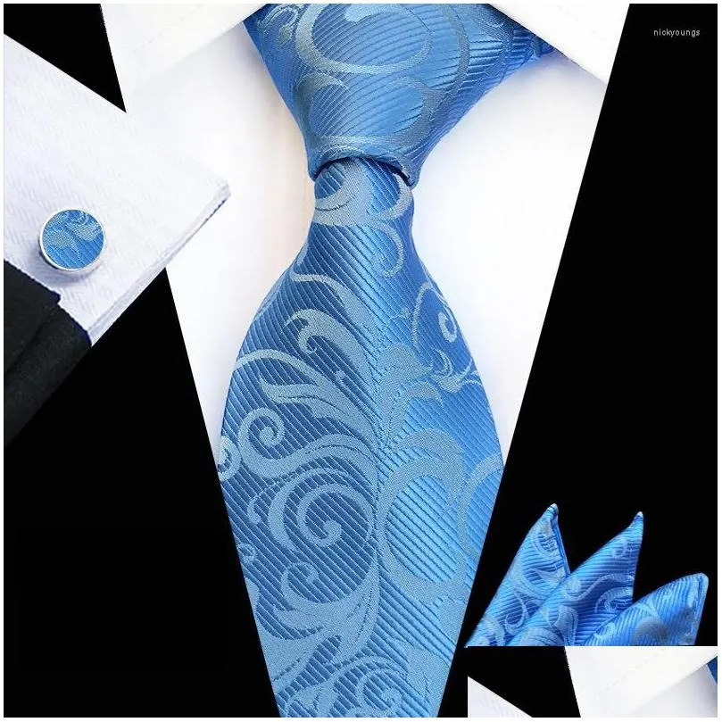 Bow Ties Mens Light Blue Paisley Tie Pocket Square Cufflinks Set Neckties Three-piece Suit Fashion Men`s Jacquard Silk Necktie