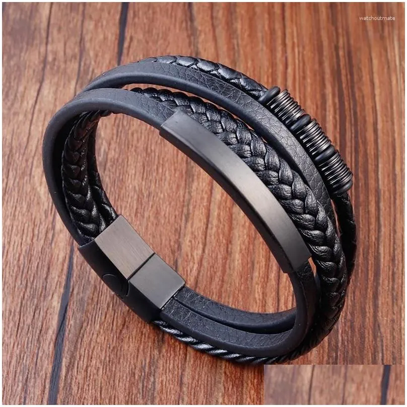 charm bracelets luxury classic multi-layer style hand-woven winding stainless steel mens leather bracelet with magnet clasp for