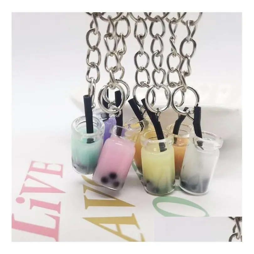 creative mini soft drink keychain milk tea beverage bubble keyring moving liquid oil drop decompression keyfob jewelry gift 7 colors