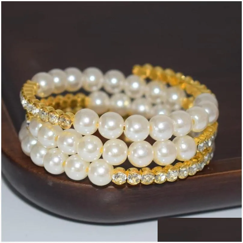 bangle fashion multilayer crystal pearl bracelet ladies rhinestone bangles gold silver plated cuff bracelets wedding jewelry