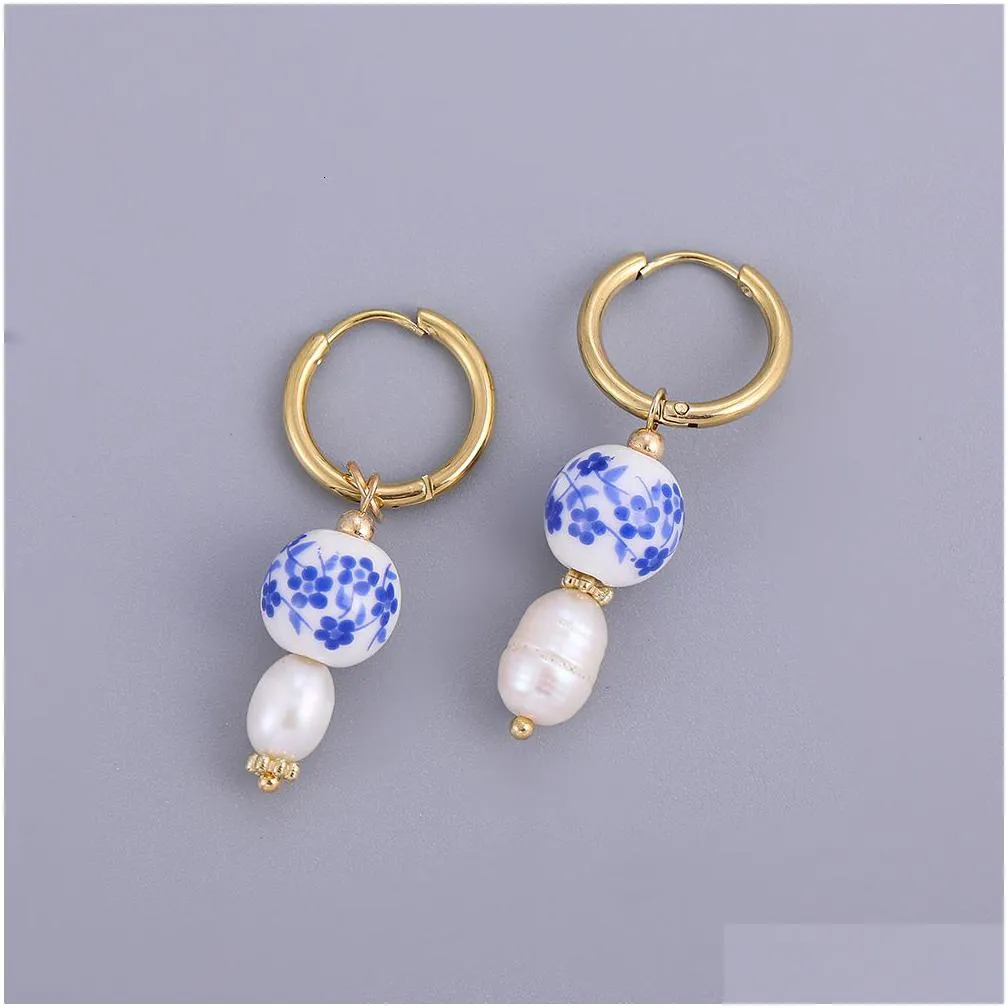 hoop huggie asymmetric handmade round heart flower ceramic and pearl earrings for women golden color stainless steel circle 230424