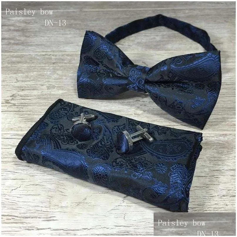 3Pcs/set Classic Paisley Bow Ties Set Mens Fashion Bowtie Handkerchief Cufflinks Sets 17 Styles Wedding Party Business Cufflinks