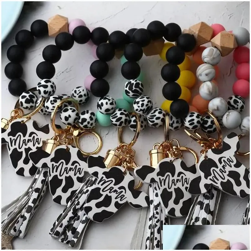 party silicone cursive cow bead bracelet wood disk bracelet keychain cow tassel ox head wrist key ring charm pendant accessory fy3450