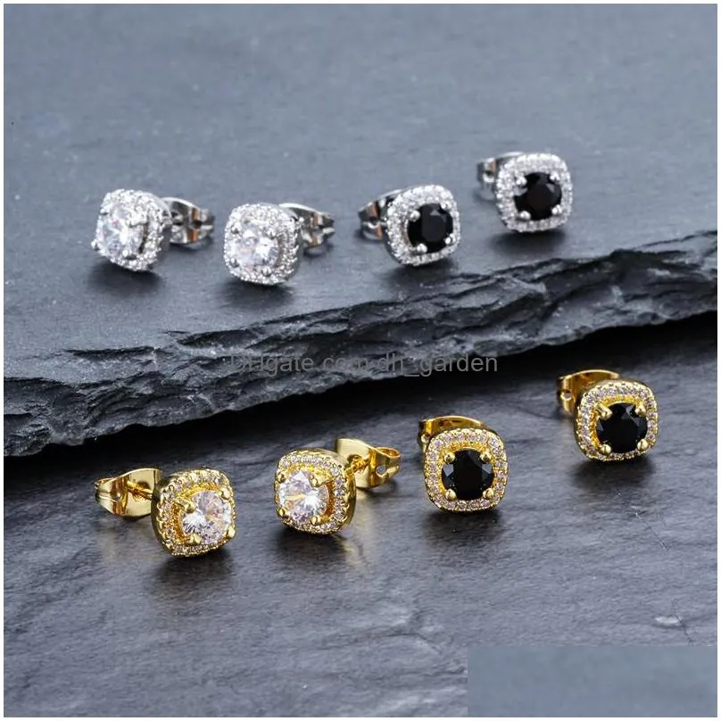 mens hip hop stud earrings jewelry high quality fashion round gold silver black diamond earring for men