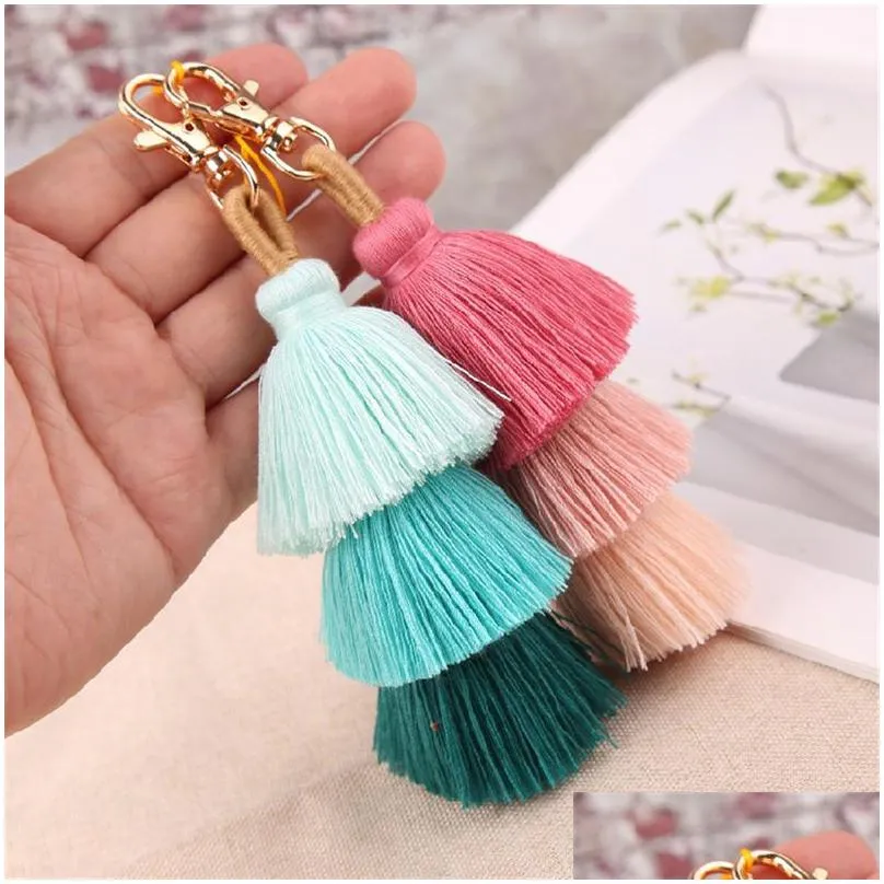 three layers cotton tassel keychain bohemian boho style women bag pendant multicolor handmade key chain 10 colors