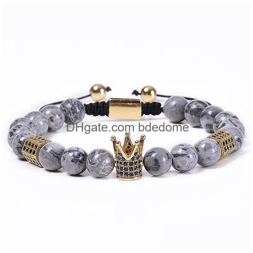 copper zircon diamond crown bracelets natural map stone beads strand bracelet braided cuff for women men fashion jewelry will and