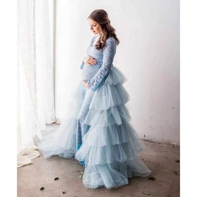 Blue Tulle Women Long High Low Tiered Tulle Skirt for Pregnant Woman Photo Shoot CUSTOM MADE