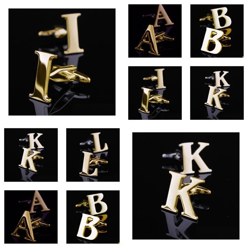 Wholesale-26 Design Personal Initial Letter A - Z Gold Toned Stainless Steel Mens Cufflinks (Leave which design to send when order)