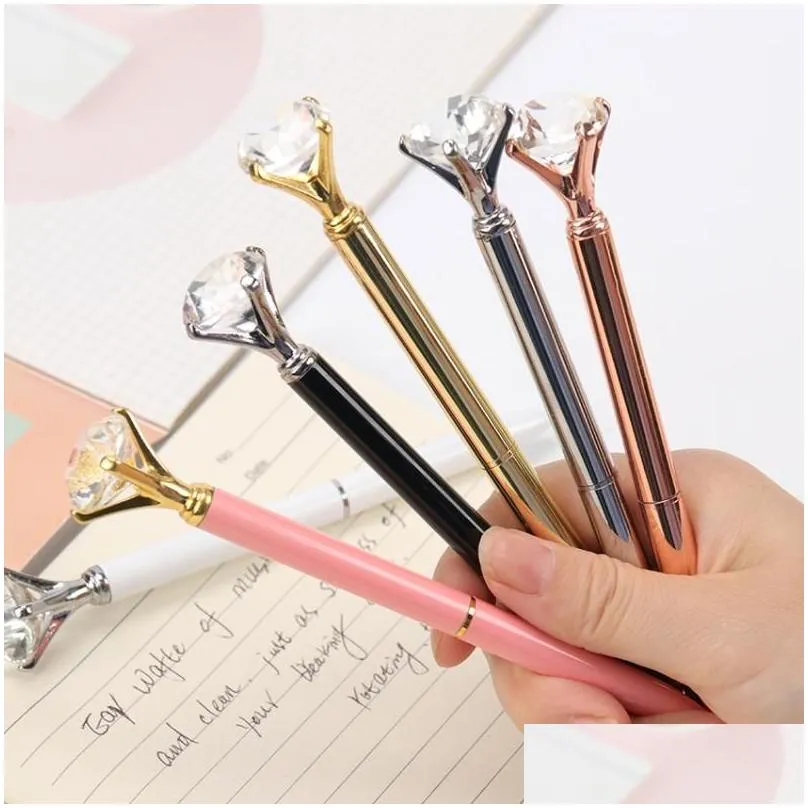 wholesale 1PC Big Diamond Crystal Pen Gem Ballpoint Pen Ring Wedding Office Metal Ring Roller Ball Black Rose Gold Silver Pink