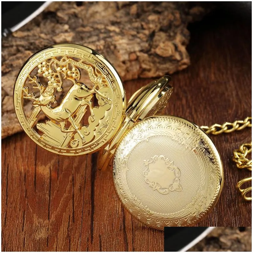 2021 Gold Clock Flower Deer Carving Design Mechanical Pocket Watch FOB Waist Chain Skeleton Hollow Steampunk Men