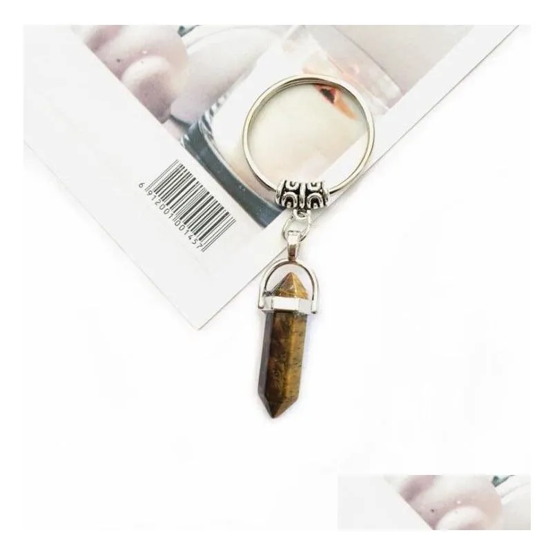 9 colors chakra hexagon prism natural stone keychain alloy crystal key ring handbag hangs fashion jewelry gift