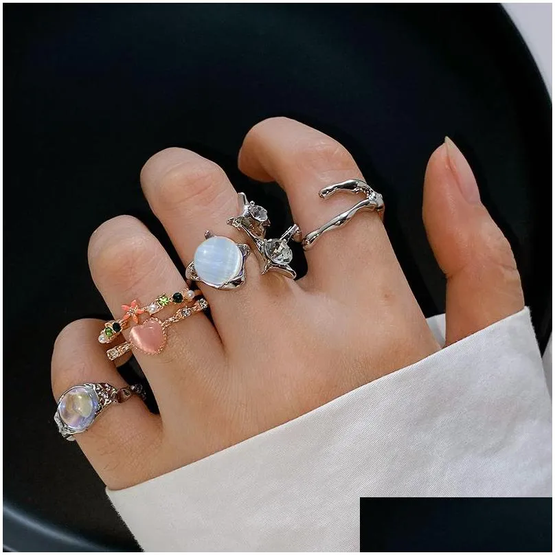 cluster rings kpop retro gothic silver color heart metal ring for women girls vintage y2k crystal open punk geometry party jewelry