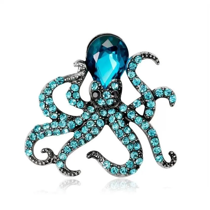 Octopus Brooch For Men Full Rhinestones Antique Silver Color Jewelry Pin Brooches Accessories