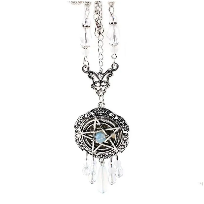 Gothic Five-pointed Star Start Necklace Women Crystal Beads Long Pendant Chain Choker Initial Statement Collar Fashion Jewelry Chains