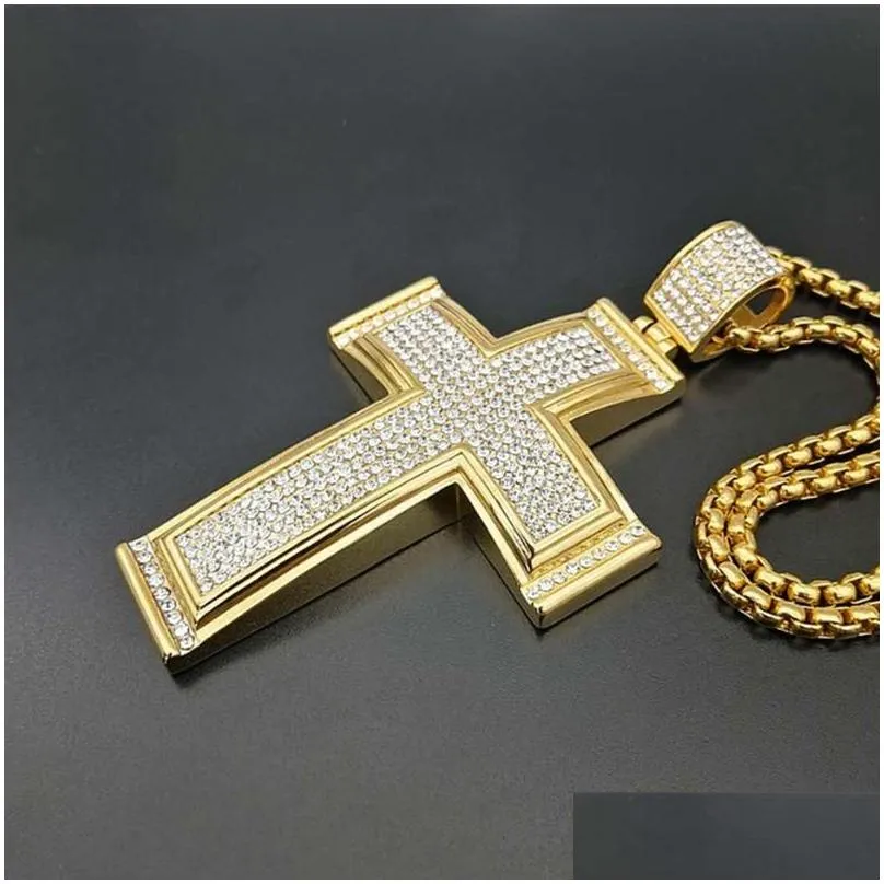 Pendant Necklaces Hip Hop Iced Out Big Cross Necklace For Men Gold Color Stainless Steel Rhinestone Hiphop Christian JewelryPendant