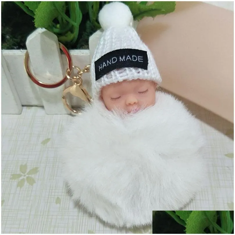 Sleeping Baby Doll Keychain Pom-pom Rabbit Fur Ball Keyring Women Key Holder Bag hangs Fashion jewelry