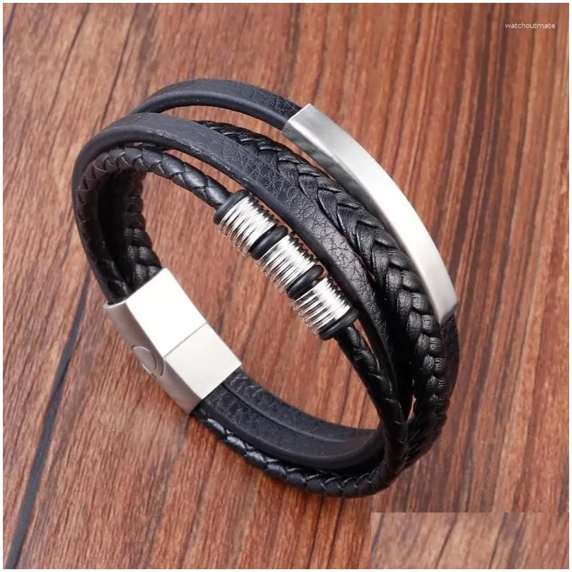 charm bracelets luxury classic multi-layer style hand-woven winding stainless steel mens leather bracelet with magnet clasp for