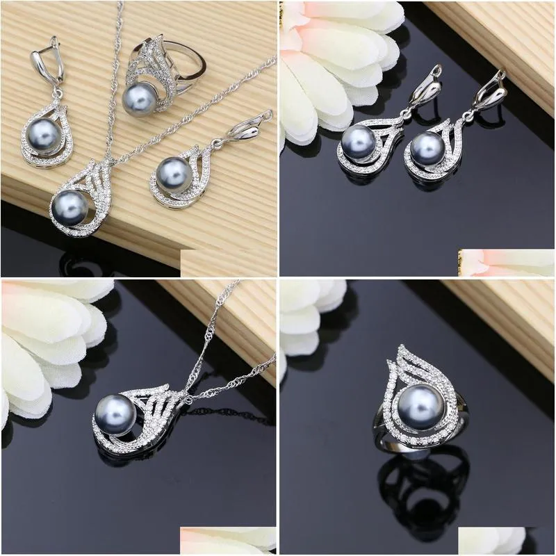gray pearl bridal jewelry sets drop earrings with cz stone 925 silver women ring necklace set