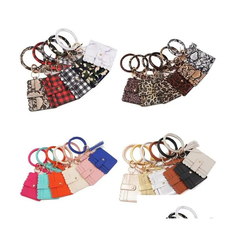 40 styles pu leather leopard tassel bracelet keychain bags id card bag pu leathers bangle wallets keyring wristlet handbag for woman