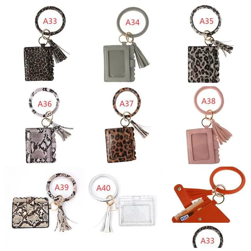 40 styles pu leather leopard tassel bracelet keychain bags id card bag pu leathers bangle wallets keyring wristlet handbag for woman