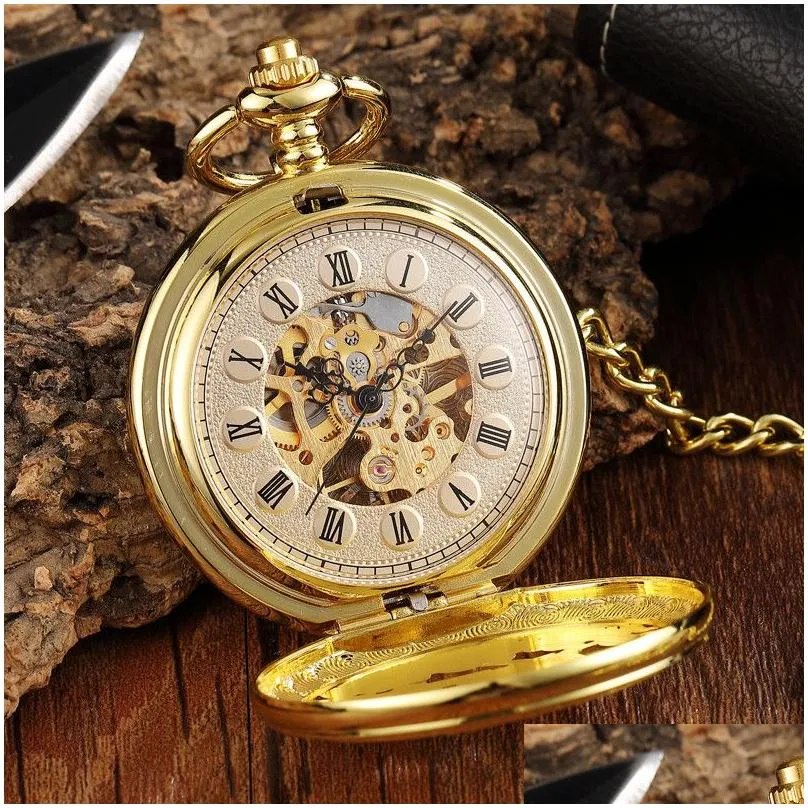 2021 Gold Clock Flower Deer Carving Design Mechanical Pocket Watch FOB Waist Chain Skeleton Hollow Steampunk Men