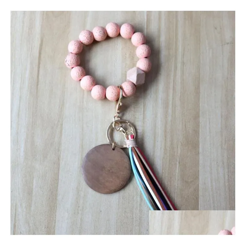 6 colors fashion wooden beads bracelet craft carved keychain blank disc tassel keyring pendant multi-color bag decorative keyrings